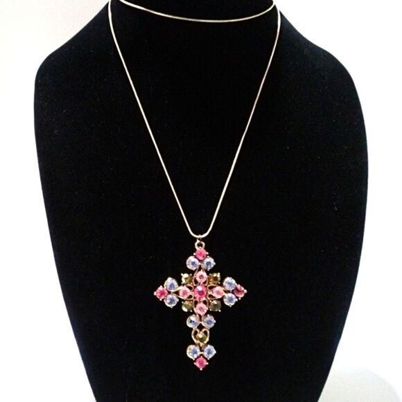 Vintage Pastel Rhinestone Gold Tone Cross Pendant Necklace – 32” Chain - Picture 3 of 6